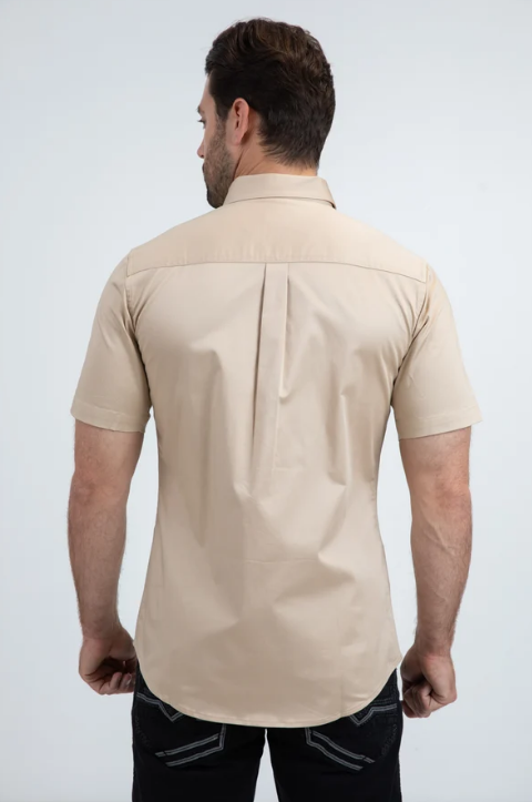 Platini Modern Fit Stretch Short Sleeve Shirt Beige - Back