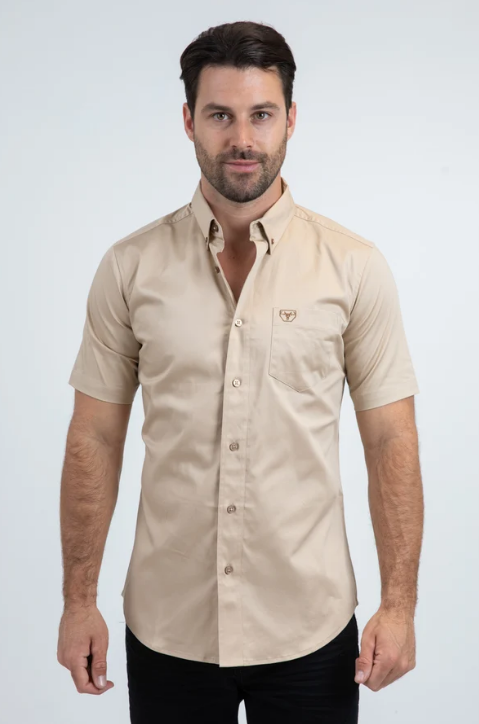 Platini Modern Fit Stretch Short Sleeve Shirt Beige - Front
