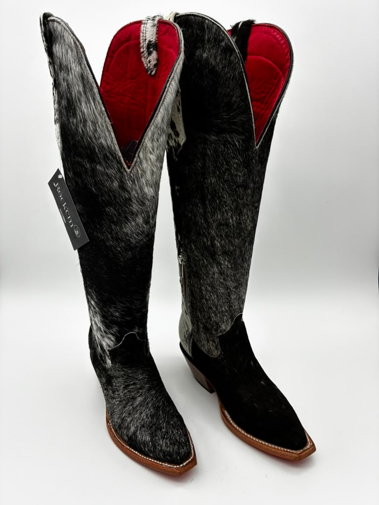 Rockem Cowhide Cowgirl Boot Size 6 Wide – side profile with deep V-cut shaft