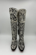 Rockem Cowhide Cowgirl Boot Size 7 V – front pair view with scrollwork stitching