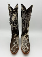 Rockem Cowhide Cowgirl Boot Size 8 V – front pair view showing floral toe medallion