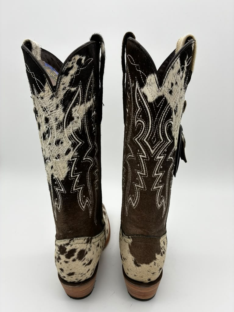 Rockem Cowhide Cowgirl Boot Size 8 V – back view showing rhinestone stud stitching detail