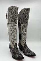 Rockem Cowhide Cowgirl Boot Size 8 Wide IV – side profile view with scrollwork stitching