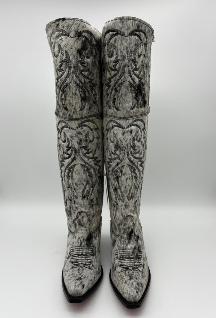 Rockem Cowhide Cowgirl Boot Size 9 III – front pair view showing fold-over cuff