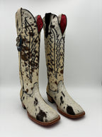 Rockem Cowhide Cowgirl Boot Size 9 II – side profile view with Aztec stitching